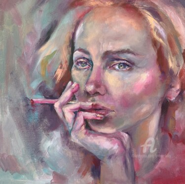 Painting titled "“Think pink” portra…" by Oxana Luky, Original Artwork, Oil