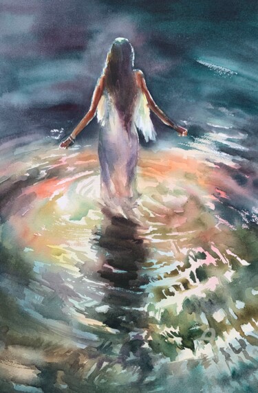 Картина под названием "In moonlight" - Oxana Luky, Подлинное произведение искусства, Акварель