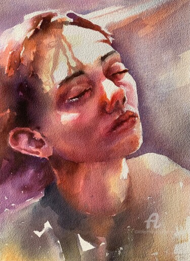 Painting titled "“Bathing in the sun”" by Oxana Luky, Original Artwork, Watercolor