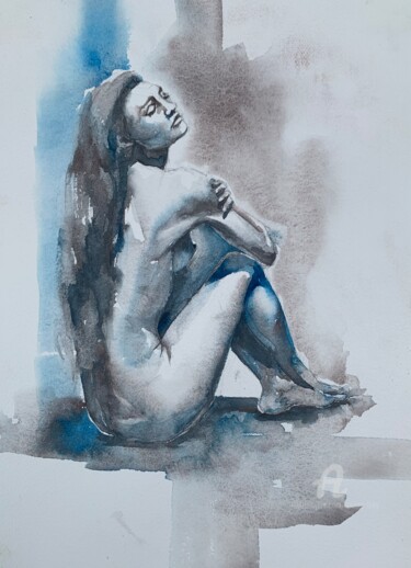 Pintura intitulada "“Blue silence”" por Oxana Luky, Obras de arte originais, Aquarela