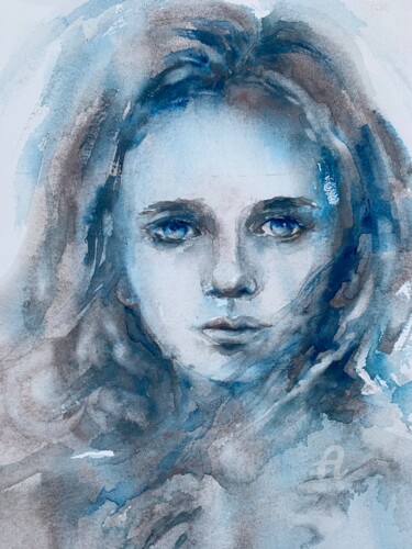Painting titled "Portrait with blue…" by Oxana Luky, Original Artwork, Watercolor