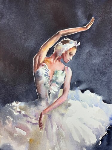 Pintura titulada "White swan, waterco…" por Oxana Luky, Obra de arte original, Acuarela