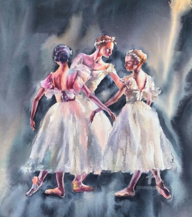 Картина под названием "Three Graces, water…" - Oxana Luky, Подлинное произведение искусства, Акварель