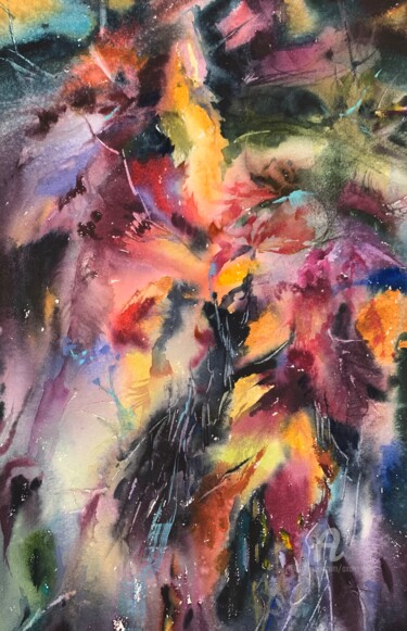 Peinture intitulée "Autumn leaves, abst…" par Oxana Luky, Œuvre d'art originale, Aquarelle