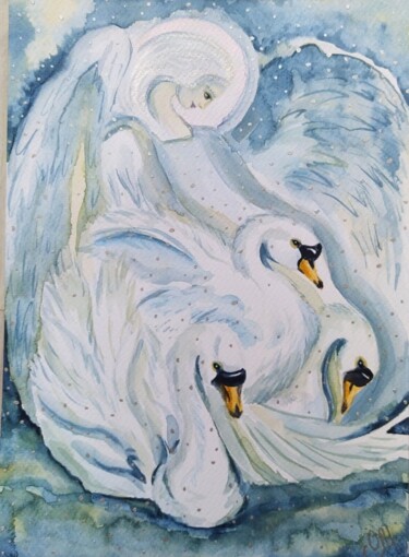 Pintura intitulada "Aquarelle "Le lac d…" por Oxana Mustafina, Obras de arte originais, Aquarela