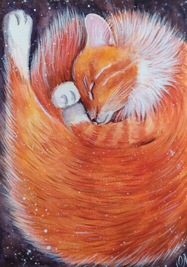 Картина под названием "Aquarelle "Le chat…" - Oxana Mustafina, Подлинное произведение искусства, Акварель