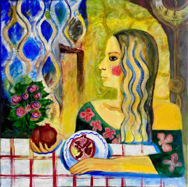 Malerei mit dem Titel "Girl with pomegrana…" von Oksana Dem-Art, Original-Kunstwerk, Acryl
