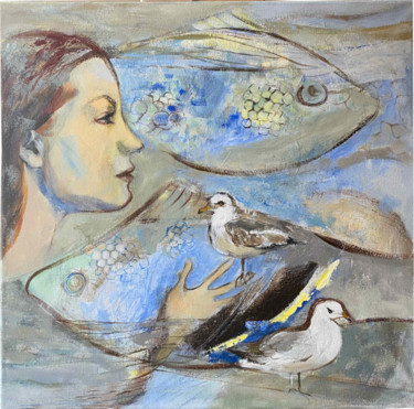 Malerei mit dem Titel "Möwen und Fische" von Oksana Dem-Art, Original-Kunstwerk, Acryl