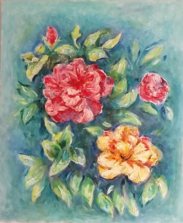 Painting titled "Ibiscus flowers" by Oxana Sakharzeva, Original Artwork, Oil