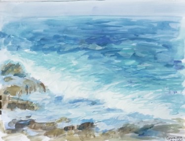 Painting titled "Blue Atlantic waves…" by Oxana Sakharzeva, Original Artwork, Watercolor