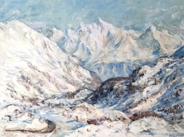 Painting titled "Montagna d'inverno…" by Oxana Sakharzeva, Original Artwork, Oil Mounted on Wood Stretcher frame