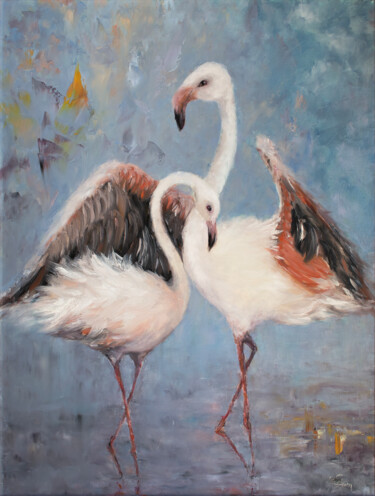 Painting titled "Flamingos in the sa…" by Oxana Shimanchuk, Original Artwork, Oil Mounted on Wood Stretcher frame