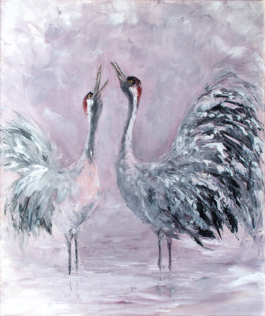 Painting titled "Cranes at Dawn" by Oxana Shimanchuk, Original Artwork, Oil Mounted on Wood Stretcher frame