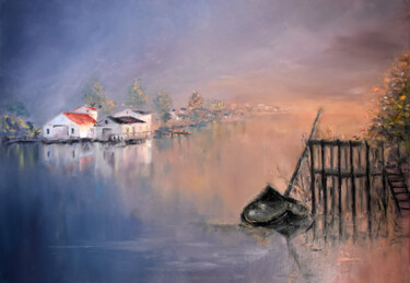 Ζωγραφική με τίτλο "Reflections at Dawn" από Oxana Shimanchuk, Αυθεντικά έργα τέχνης, Λάδι Τοποθετήθηκε στο Ξύλινο φορείο σκ…