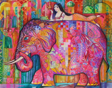 Painting titled "éléphant oriental" by Oxana Zaika, Original Artwork, Ink