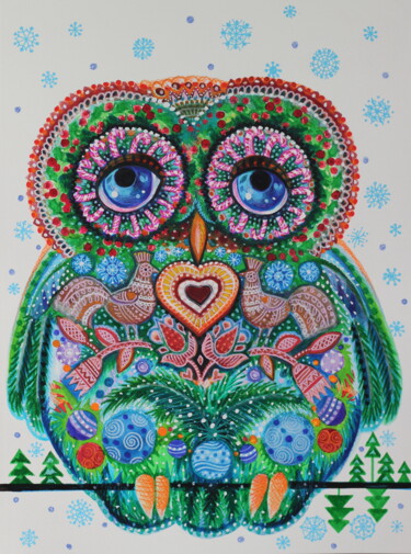 Peinture intitulée "Christmas owl" par Oxana Zaika, Œuvre d'art originale, Acrylique