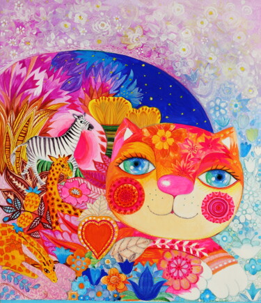 Peinture intitulée "Africa cat" par Oxana Zaika, Œuvre d'art originale, Encre