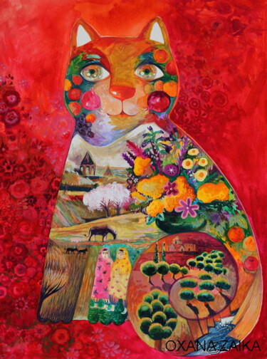 Peinture intitulée "chat d'Armenie" par Oxana Zaika, Œuvre d'art originale, Tempera