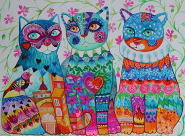 Pintura titulada "Venise et chats" por Oxana Zaika, Obra de arte original, Acuarela