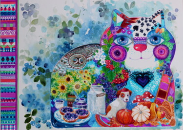 Painting titled "Myrtille chat" by Oxana Zaika, Original Artwork, Watercolor