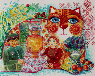 Painting titled "chat russe" by Oxana Zaika, Original Artwork, Ink