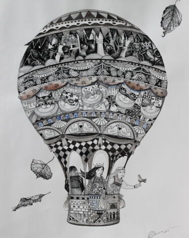 Peinture intitulée "montgolfière" par Oxana Zaika, Œuvre d'art originale, Encre