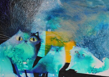 Peinture intitulée "Persian cats" par Oxana Zaika, Œuvre d'art originale, Encre