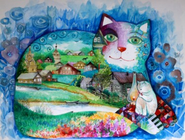 Painting titled "Village cat" by Oxana Zaika, Original Artwork, Watercolor