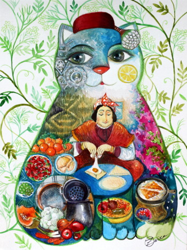 Painting titled "Chat cuisinier" by Oxana Zaika, Original Artwork, Watercolor