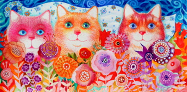 Peinture intitulée "Magique chats" par Oxana Zaika, Œuvre d'art originale, Aquarelle