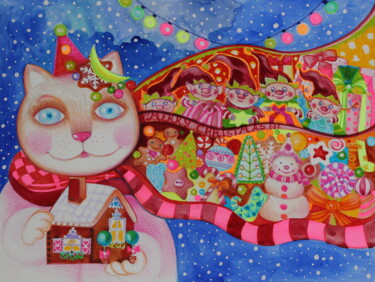Картина под названием "Merry Christmas!" - Oxana Zaika, Подлинное произведение искусства, Акварель