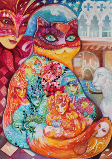 Pittura intitolato "Carnaval chat" da Oxana Zaika, Opera d'arte originale, Acquarello