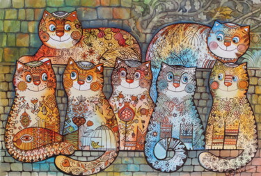 Painting titled "7 Chats de Jérusalem" by Oxana Zaika, Original Artwork, Watercolor