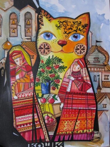 Peinture intitulée "CHAT-FOLK-RUSSE" par Oxana Zaika, Œuvre d'art originale