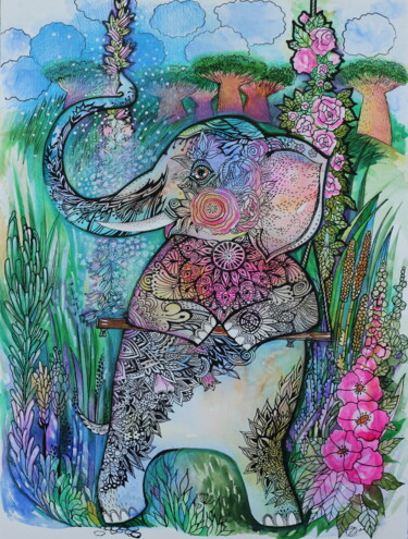 Pintura intitulada "éléphant sur une ba…" por Oxana Zaika, Obras de arte originais, Aquarela