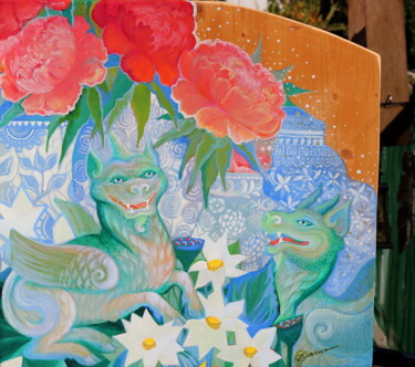 Painting titled "Au pays des lotus" by Oxana Zaika, Original Artwork, Tempera Mounted on Wood Panel