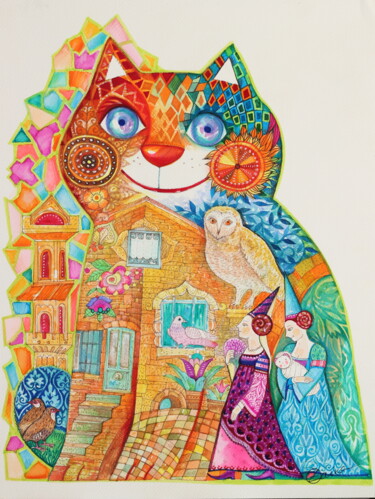 绘画 标题为“Vitrail chat” 由Oxana Zaika, 原创艺术品, 水彩