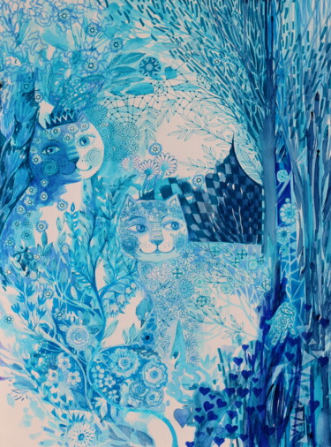 Peinture intitulée "indigo chats" par Oxana Zaika, Œuvre d'art originale, Aquarelle