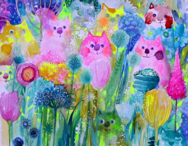 Peinture intitulée "chats et fleurs" par Oxana Zaika, Œuvre d'art originale, Aquarelle