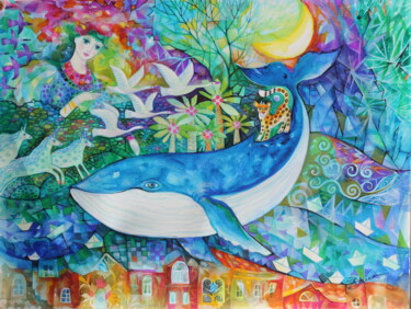 Malerei mit dem Titel "Baleine" von Oxana Zaika, Original-Kunstwerk, Aquarell