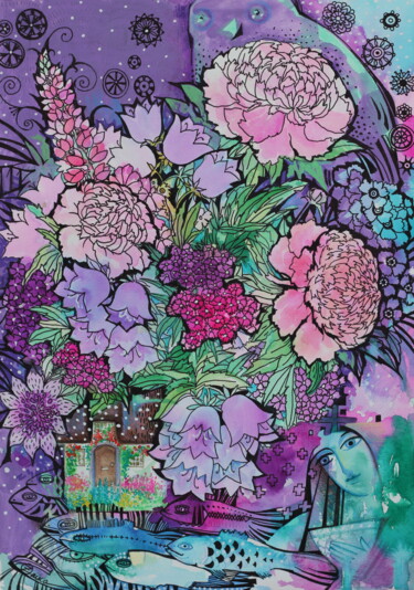 Peinture intitulée "Bonheur  violette" par Oxana Zaika, Œuvre d'art originale, Aquarelle