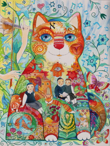Peinture intitulée "Chat judaica" par Oxana Zaika, Œuvre d'art originale, Aquarelle
