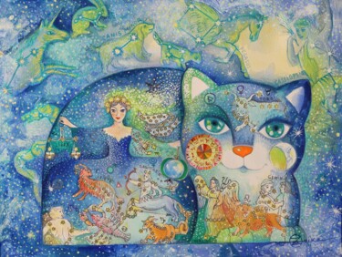 Schilderij getiteld "Astro cat" door Oxana Zaika, Origineel Kunstwerk, Acryl