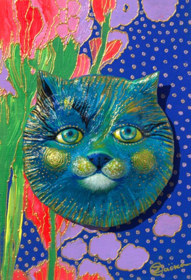 Collages titled "Chat indigo" by Oxana Zaika, Original Artwork, Wood Mounted on Wood Panel