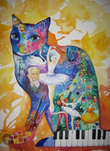 Peinture intitulée "TCHAIKOVSKI CHAT" par Oxana Zaika, Œuvre d'art originale