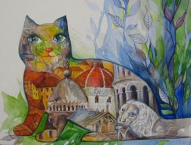 Schilderij getiteld "chat de PISE-aquare…" door Oxana Zaika, Origineel Kunstwerk