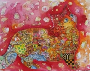 Painting titled "CHAT Rouge" by Oxana Zaika, Original Artwork