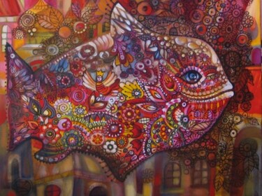 Peinture intitulée "Un poisson en ville" par Oxana Zaika, Œuvre d'art originale