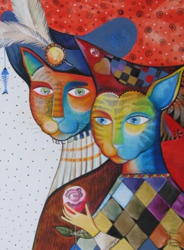 Peinture intitulée "CATS**TROUBADOURS**…" par Oxana Zaika, Œuvre d'art originale