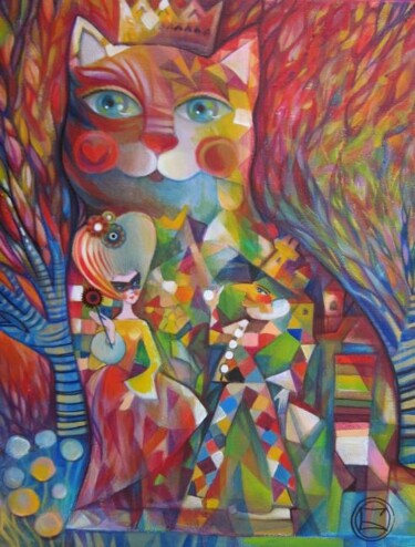 Painting titled "ARLEQUIN et ...chat…" by Oxana Zaika, Original Artwork